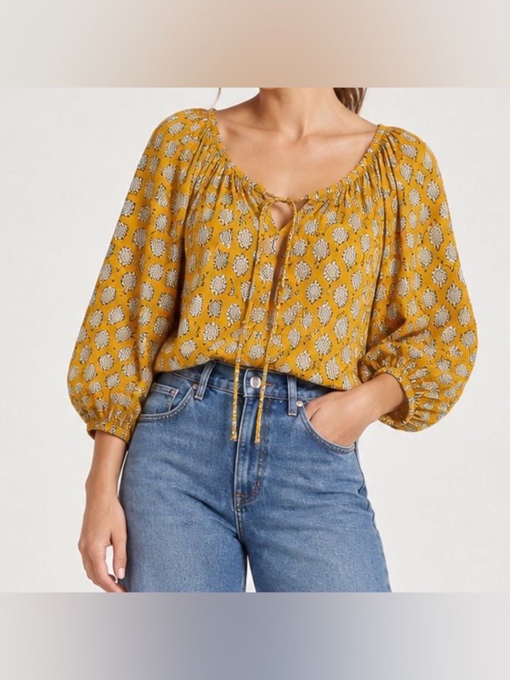Emerson Fry Organic Cotton Yellow Floral V-Neck  Peasant 3/4 Puff Blouse S